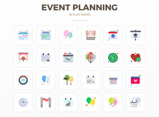 Meticulously crafted 24 Minimal Flat vector icons for Event Planning, delivered in 128x128 PIXEL perfect quality for uncompromising design standards.