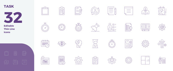 Collection of 32 Thin Line PIXEL perfect vector icons for Task, designed in 128x128 format for clarity and versatility.