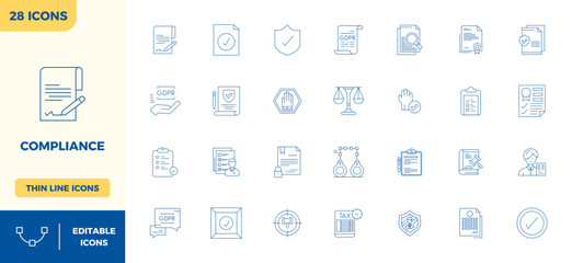 Intelligently designed 28 PIXEL perfect vector icons inspired by Compliance, created in Minimal Line format at 128x128 for smart and efficient design workflows.
