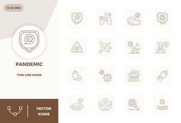 Precision-engineered 16 Thin Line vector icons for Pandemic, designed at 128x128 PIXEL perfect resolution for exceptional clarity and scalability.