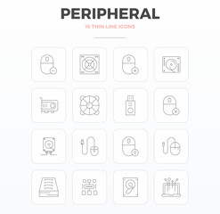 Collection of 16 Thin Outline PIXEL perfect vector icons for Peripheral, designed in 128x128 format for clarity and versatility.