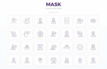 Meticulously crafted 28 Thin Outline vector icons for Mask, delivered in 128x128 PIXEL perfect quality for uncompromising design standards.