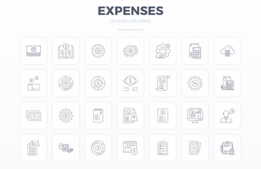 A clean collection of 28 Thin Outline vector icons representing Expenses, designed in 128x128 PIXEL perfect format for modern dashboards and interfaces.