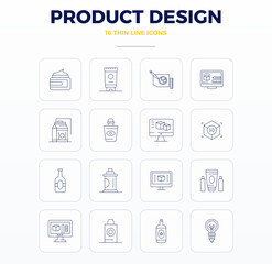 Ultimate collection of 16 vector icons representing Product Design in Thin Outline aesthetic, optimized with 128x128 PIXEL perfect resolution for maximum impact.