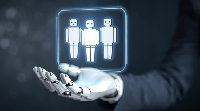 Human Resources in the Digital Age: A robotic hand tenderly cradles an illuminated icon depicting human figures, set against a sleek backdrop that embodies the technological revolution.