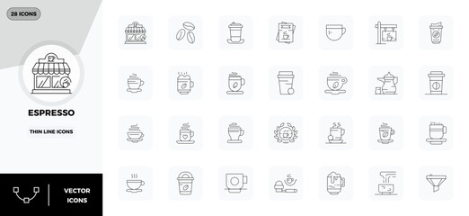 Contemporary collection of 28 vector icons representing Espresso in Thin Line aesthetic, featuring 128x128 PIXEL perfect resolution for modern application development.