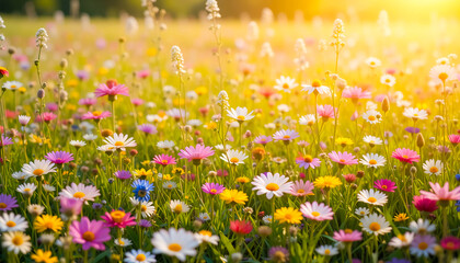 English daisies nature background, in full bloom under bright sunlight