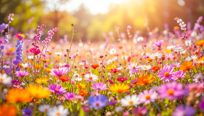 image of a vibrant, sunlit field of wildflowers. These meadows are essential habitats for diverse wildlife and ecosystems.