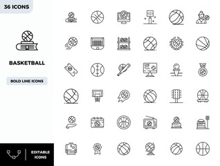 Strategic bundle featuring 36 vector icons representing Basketball in Heavy Line format, optimized with 128x128 PIXEL perfect quality for professional workflows.