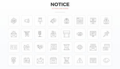 Beautifully rendered 32 Thin Outline PIXEL perfect vector icons for Notice, created at 128x128 resolution for stunning visual consistency across platforms.