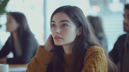 A young woman appears anxious and overwhelmed during a business meeting, illustrating workplace stress, pressure, and social anxiety in a professional setting.