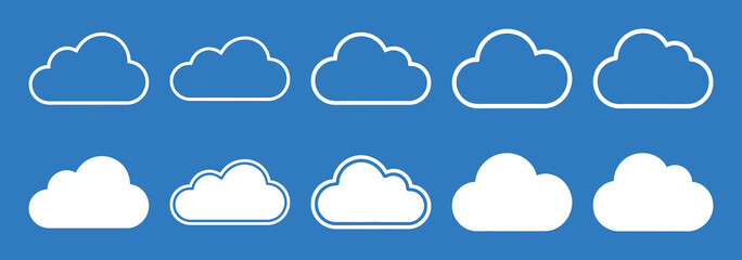 Collection of white cloud icons on a vibrant blue background, showcasing various outline and solid shapes for weather, sky, network, internet, and cloud computing concepts.