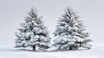 Scenic Snowy Field with Two Evergreen Trees
