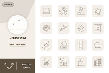 Transform your designs with 16 Thin Line vector icons themed around Industrial, engineered in 128x128 PIXEL perfect resolution for maximum clarity.