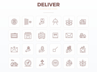 A clean collection of 24 Strong Outline vector icons representing Deliver, designed in 128x128 PIXEL perfect format for modern dashboards and interfaces.