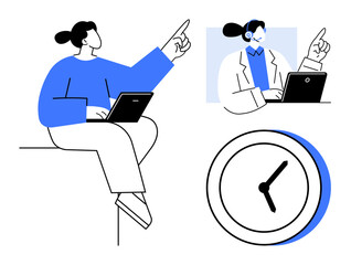 Professionals working with laptops, interacting through gestures, and a clock symbol for time awareness. Ideal for teamwork, remote work, communication, productivity, collaboration, time management