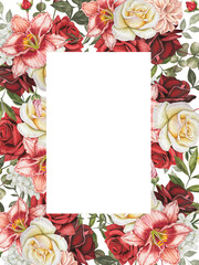 Rectangular frame with autumn flowers. Red, burgundy, white, roses, lily, dahlia, leaves. Hand drawn watercolor illustration.
