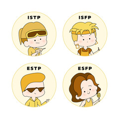 MBTI性格タイプのキャラクター かわいい手描きイラスト ISTP, ISFP, ESTP, ESFP	
