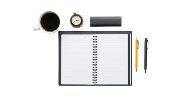 Overhead view of a notebook, coffee cup and stationery on a desk isolated PNG with Transparent Background - Powered by Adobe