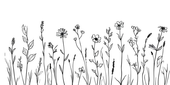 Hand drawn wildflower and wild grass line art set with delicate botanical stems and flowers in minimalist sketch style vector illustration for nature design elements