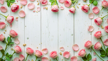 flat lay of pink roses and petals arranged as a border on a white wooden background