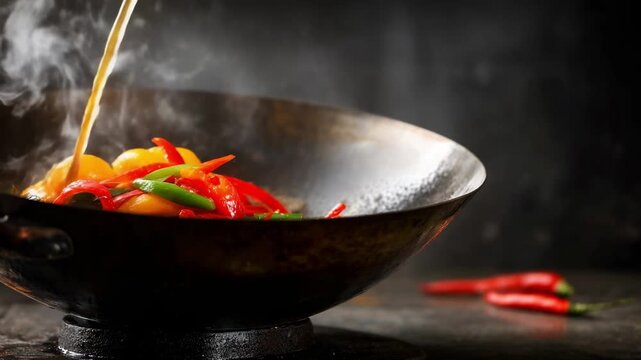 Colorful peppers and vegetables stir-frying in a hot wok with steam rising.