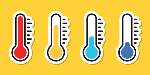 Thermometer sticker icon set in flat style. Climate control vector illustration on isolated background. Weather change sign business concept.