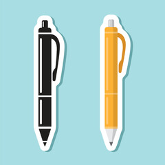 Ballpoint pen sticker icon in flat style. Office tool vector illustration on isolated background. School equipment sign business concept.