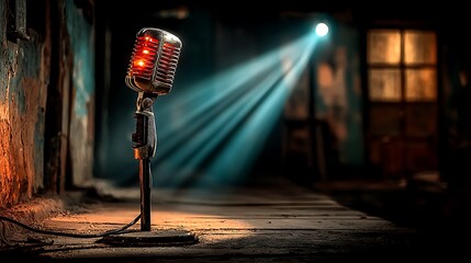 Retro microphone highlighted by warm stage lights high resolution picture