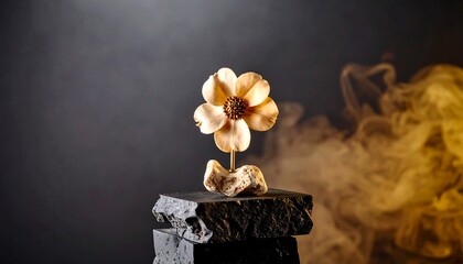 Flower Sculpture on Rock with Artistic Smoke in Studio Setting