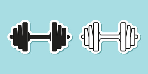 Dumbbell sticker icon in flat style. Workout gym tool vector illustration on isolated background. Barbell fitness equipment sign business concept.