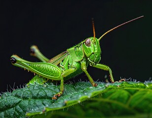 Close-up of a vibrant green grasshopper on a leaf (2)