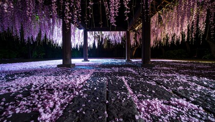 Flowering Pergola and Fallen Petals at Night with Purple Blooms
