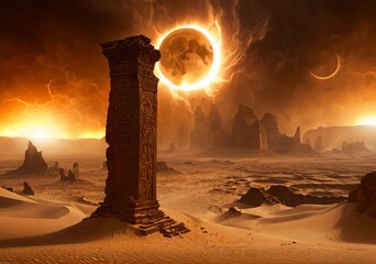 Epic Eclipse Over Desert Ruins Glowing Sandstorms Swirling