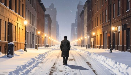 A solitary figure strolls down a snow-covered city street at night, illuminated by warm streetlights.