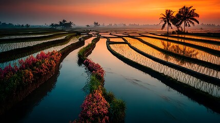 Scenic rice field reflections evening high resolution picture