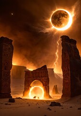 Epic Eclipse Over Desert Ruins Glowing Sandstorms Swirling