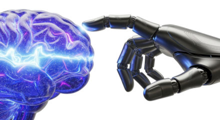 Artificial intelligence brain connected to robotic hand isolated PNG with Transparent Background