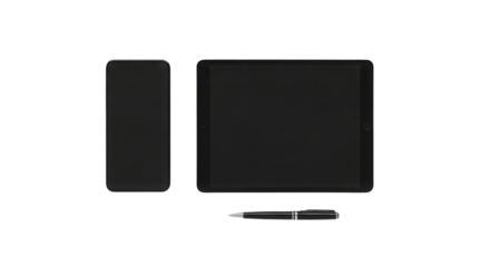 Minimalist workspace with tablet, smartphone and pen isolated PNG with Transparent Background