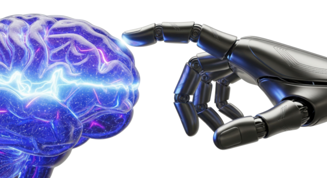 Artificial intelligence brain connected to robotic hand isolated PNG with Transparent Background