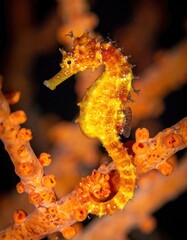Close-up of a small, vibrant seahorse on coral