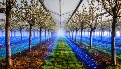 Flowering Trees Lined with Lights in a Tunnel of Light Nature Scene