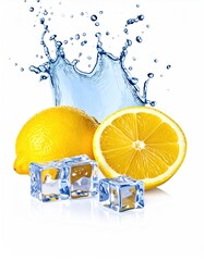 Fresh lemons and ice cubes with water splashes