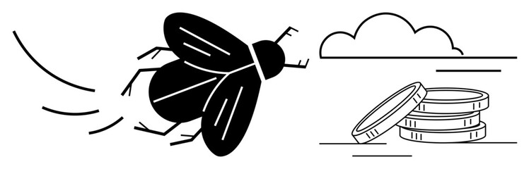 Black flying insect near stacked coins beside a cloud in a linear design. Ideal for finance, pollution, uncertainty, risk, environmental issues, sustainability, and abstract thought. A simple flat