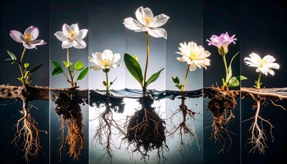 Flowers Growing in Water with Roots and Reflection