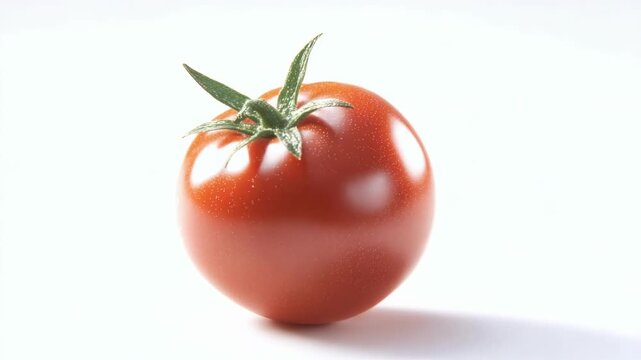 A single ripe red tomato with a green stem on a white background.