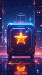 Futuristic suitcase in a neon-lit city