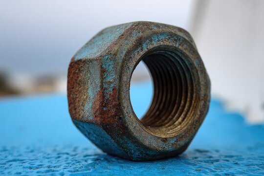 Close-up of a weathered, rusty hex nut