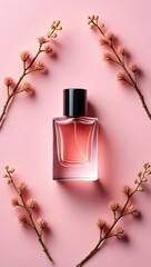Perfume bottle with floral accents on a soft pink background studio shot product photography