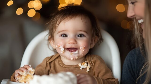 Delightful first birthday celebration with adorable baby enjoying a delicious cake and family - Powered by Adobe